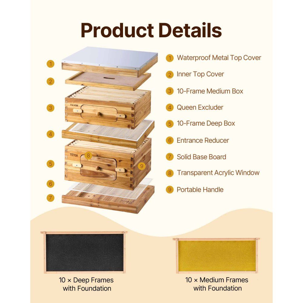 Beehive, 20 Frames, Zander Beehive, Beeswax Coated Fir Wood, 1 Deep + 1 Medium Bee Box, Langstroth Beehive Set, Clear Acrylic Windows with Foundations