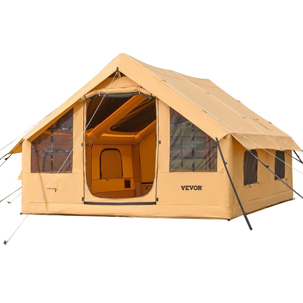 Aufblasbares Zelt für Camping, Zelt für 5–8 Personen mit Handpumpe, 4 x 3 x 2,2 m großes Glamping-Zelt mit 2 Oberlichtern, Vordach, Herdanschluss, 2 Türen, Netzfenstern und Aufbewahrungstasche