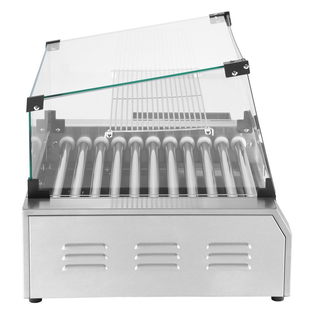 Hot Dog Grill Machine Hot Dogs 11 Rolls Stainless Steel 2200W Electric Grill with Cover & 2 Temperature Controls & Side Storage Box & Removable Shelf & Oil Drip Tray