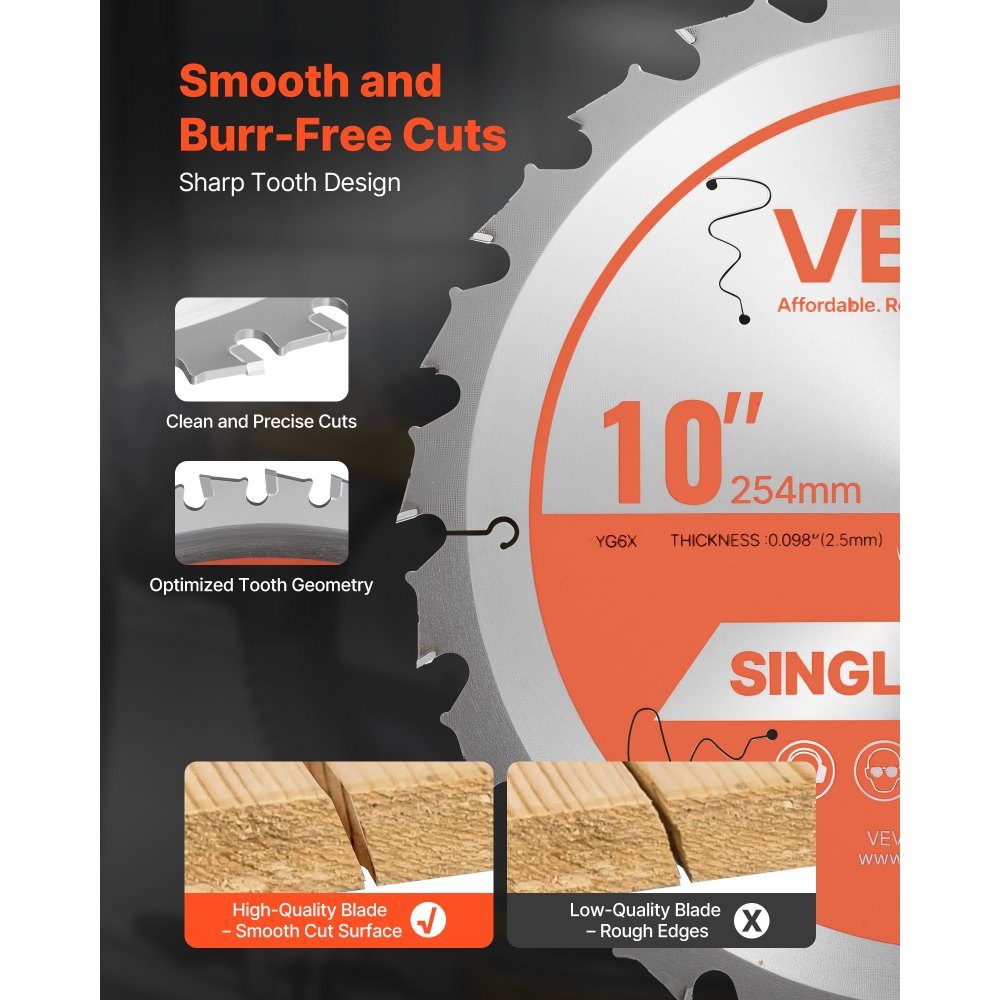 Circular saw blade (254mm diameter, 24 sharp teeth and 2.5mm thickness), ideal for plywood, OSB hardwood, compatible with circular saws, alloy saw blade with noise reducing heat dissipation