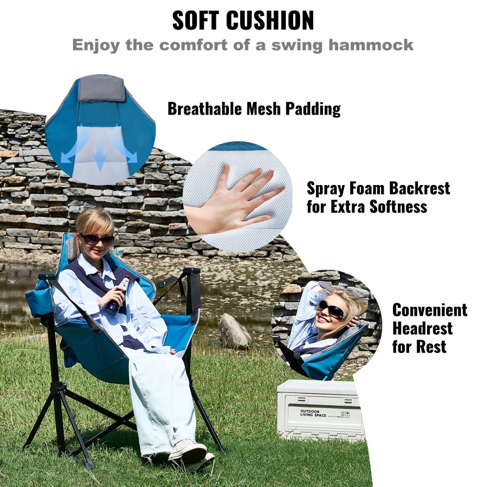 Chaise de camping inclinable, capacité de charge de 300 livres, chaise suspendue de camping, chaise pliante avec porte-gobelet, sac de rangement, appui-tête et dossier réglable, pour le camping et autres activités de plein air Chaise de camping inclinable, capacité de charge de 300 livres, chaise suspendue de camping, chaise pliante avec porte-gobelet, sac de rangement, appui-tête et dossier réglable, pour le camping et autres activités de plein air