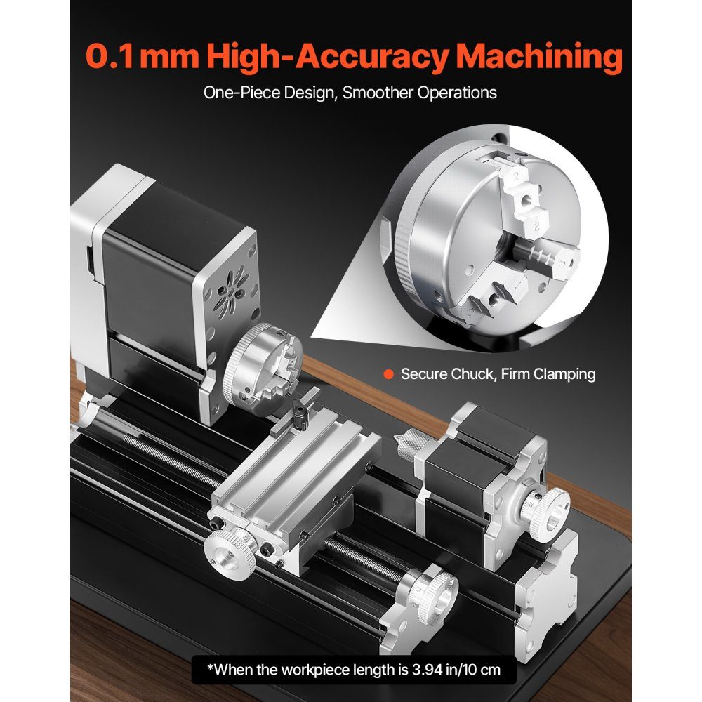 Mini metal lathe 70x130 mm, milling machine 20000 rpm, 36W high performance motor, 3-jaw chuck, didactic metal lathe with protection for machining precision parts