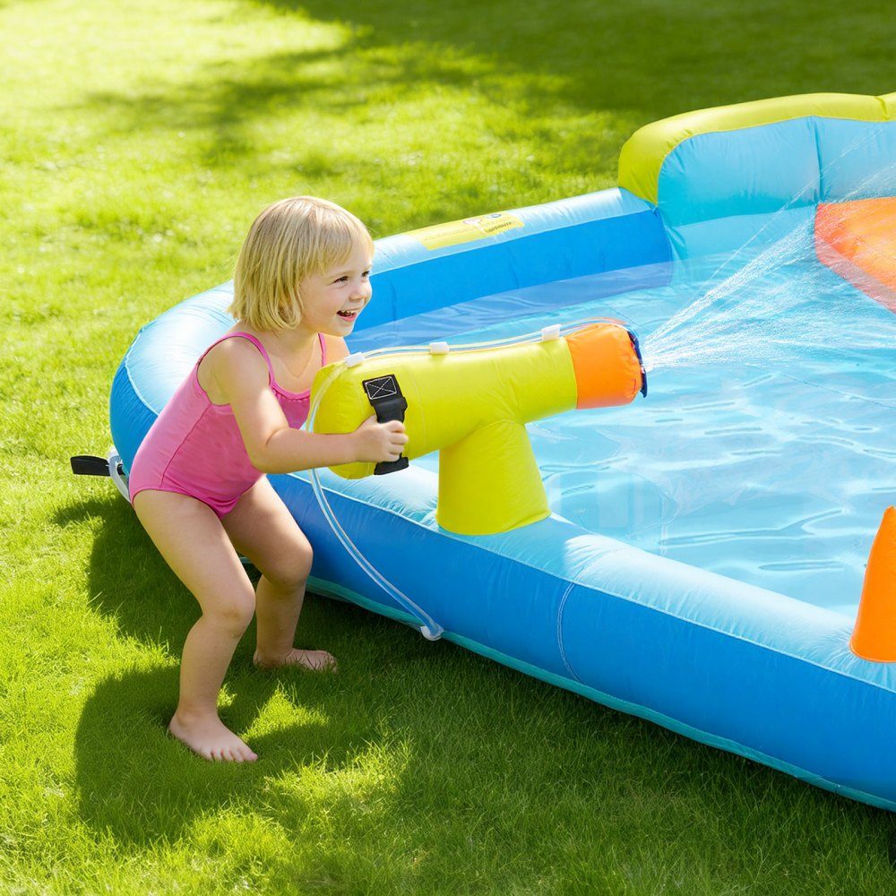 Aufblasbare Wasserhüpfburg Outdoor (353 x 400 x 235 cm), Hüpfburg mit Wasserrutsche (Krokodil-Optik) & Kletterwand & Planschbecken & Wasserring-Wurfspiel, für 3-4 Kinder (3 bis 8 Jahre alt)