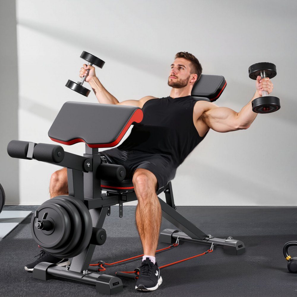 Weight bench, adjustable custom trainer for full body training (363 kg load capacity), sit-up training bench, fitness bench, flat bench with leg extension, preacher pad, quick adjustment