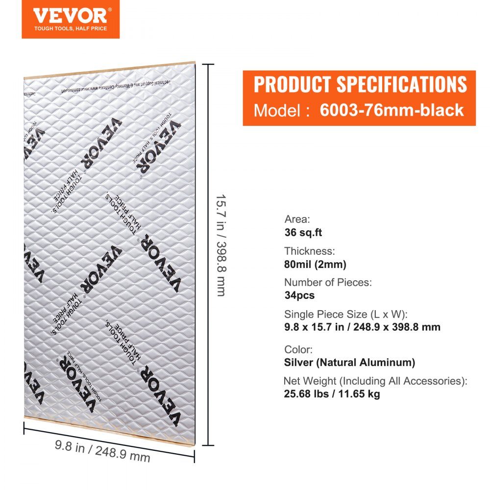 Set of 34 Car Insulation Mats 3.3m² Anti-Drumming Mat 248.9 x 398.8mm Vehicle Insulation 80mil (2mm) Thick Aluminum Foil Soundproof Mat Heat Resistant Noise Insulation Acoustic Insulation Sound Insulation