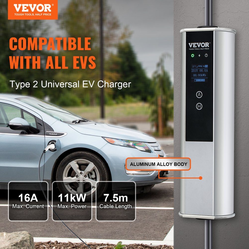 Câble de charge EV Type2 Chargeur de voiture électrique 16A 3,68 kW (monophasé)/11 kW (triphasé) Boîtier mural IP66 Câble de 7,5 m Câble de charge 4 niveaux de réglage du courant (16A/13A/10A/8A) Chargeur Prise CEE 16