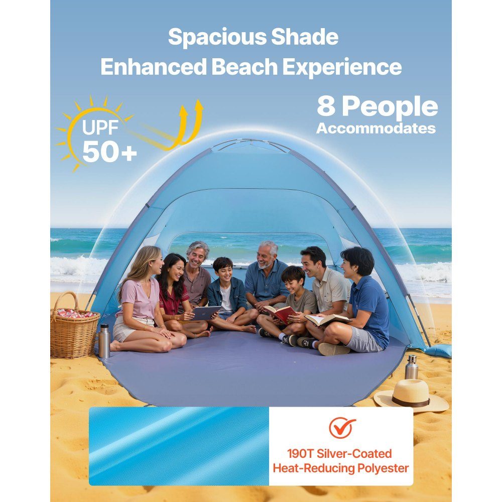 Strandtent Zonnescherm voor 8 personen, UPF 50+ bescherming, draagbare strandtent met draagtas en grondankers, lichtgewicht strandparaplu voor kamperen, vissen, picknicken, zonnetent