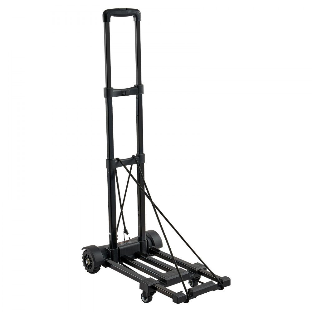 Diable pliable, capacité de charge de 131,5 kg, camion de transport à 4 roues, 2 cordes élastiques et base extensible, chariot de transport pour aéroport, bagages, déménagements de bureau, noir, 530x320x970mm