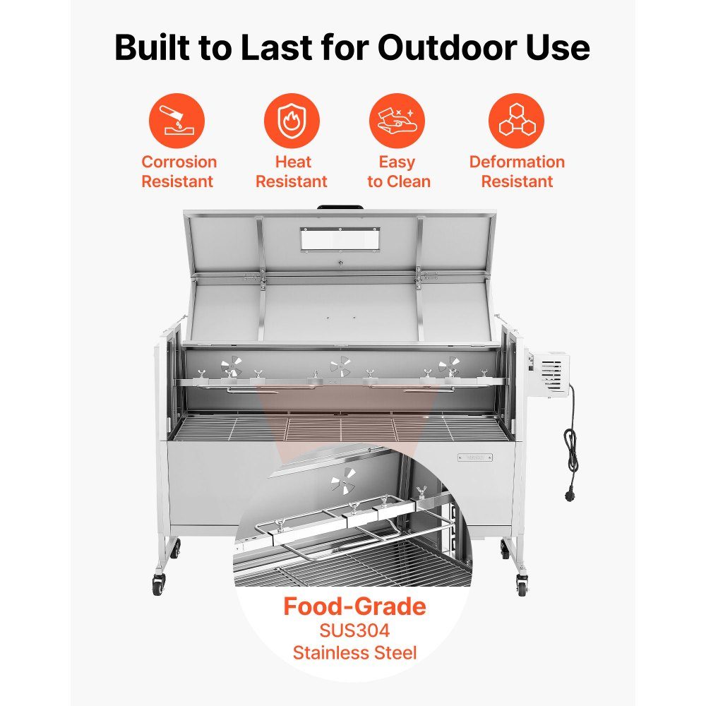 Rotisseriegrill 38W Spanferkelgrill Lammgrill Holzkohlegrill (1168,4 mm Grilllänge) mit 60 kg Tragkraft & Rollen & 4-fach Höhenverstellung & Deckel, Edelstahl Elektrogrill Set für Camping