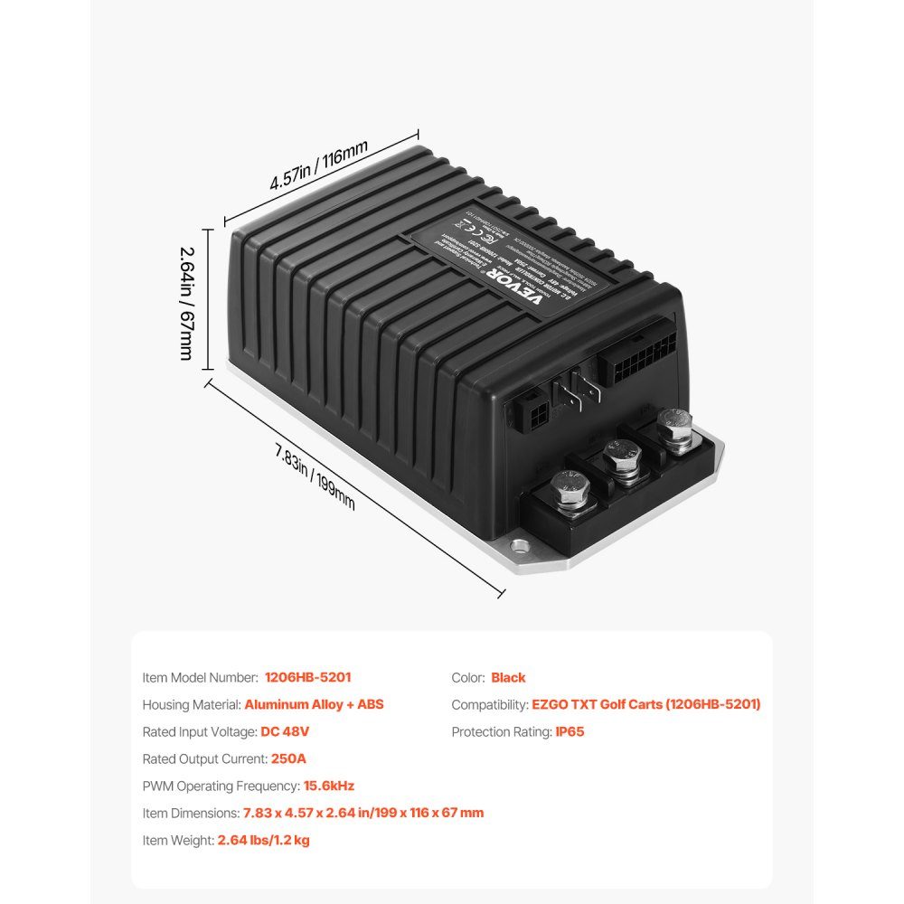 Golf Cart Speed ​​Controller, 48V 250A Replacement DC Motor Controller for EZGO TXT Golf Cart, IP65 Rating, Aluminum ABS Housing, Compatible with Models 1206HB-5201