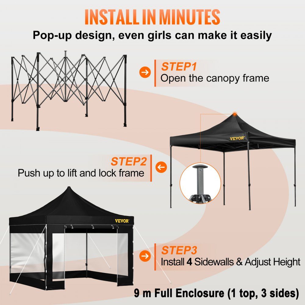 Vouwpaviljoen 3x3m Vouwpaviljoen 240g PVC gecoat polyester Pop-up paviljoen 1,95-2,13 m Verstelbare feesttent Tuintent Strandtent voor bruiloft of andere commerciële activiteiten