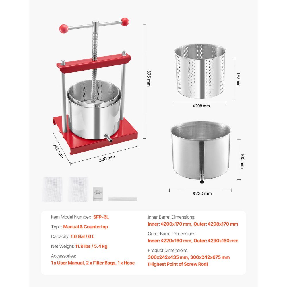 Fruit Wine Press, Fruit Grinder, Apple Grinder (6L) with 2 Stainless Steel Barrels, Manual Juicer, Cider Press, Apple Press, Grape Press, Olive Oil Press, T-Handle Juicer for Home Kitchen