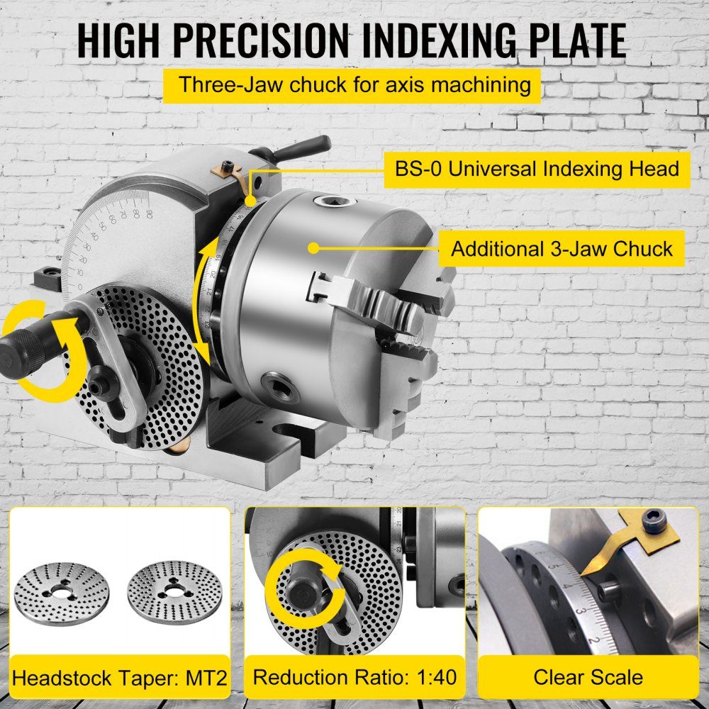 Dividing head with jaw chuck MK2, rotary table with indexing center height 100 mm, dividing head 23 kg, rotary table with plates, a strong support for the machined workpiece