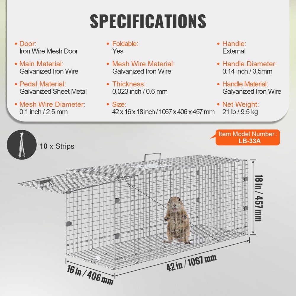 Marten Trap 1067 x 406 x 457mm Galvanized Iron Live Trap Foldable Animal Trap with Handle Wire Trap for Stray Dogs, Armadillos, Raccoons, Marmots, Foxes