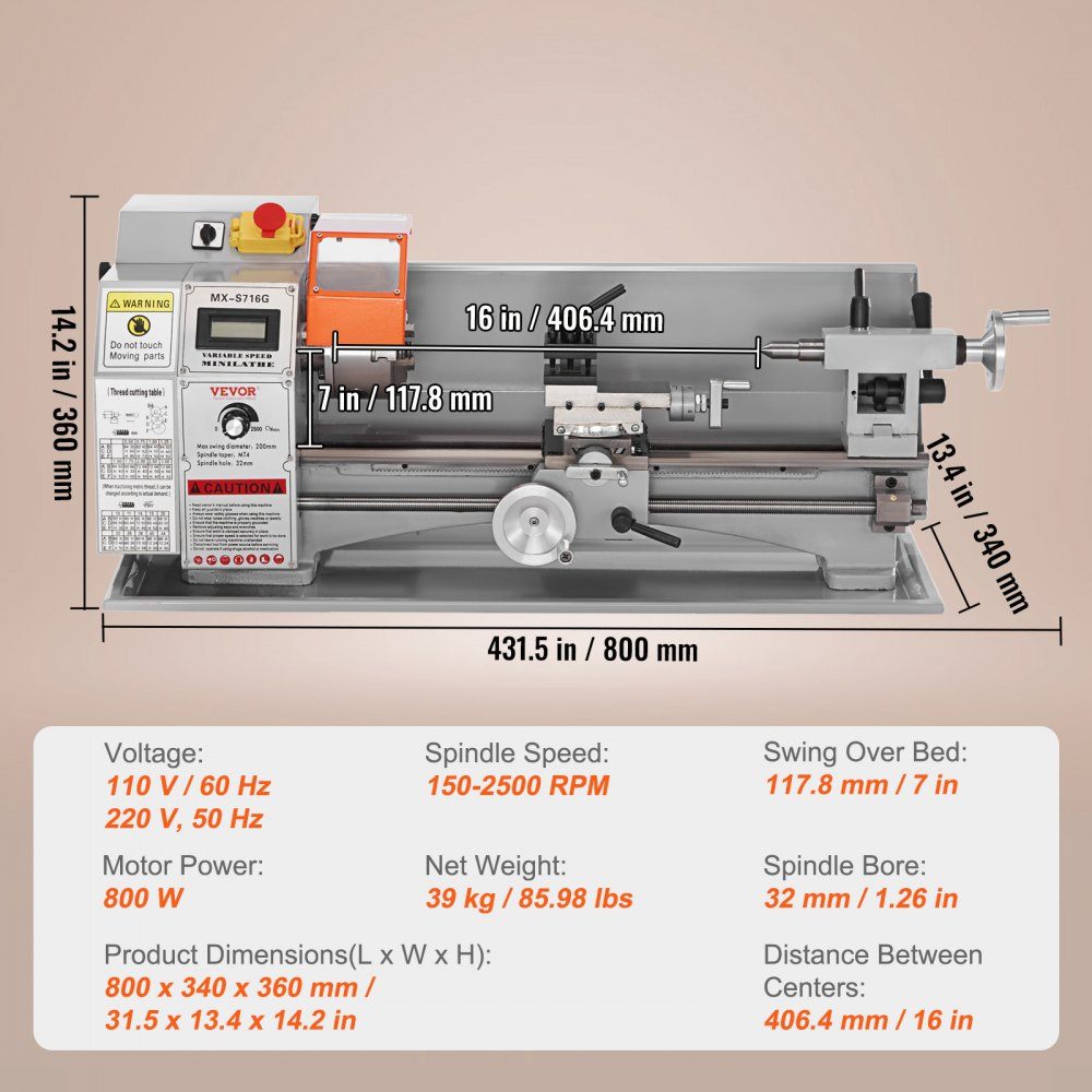 Metalldrehmaschine 17,8 x 40,6 cm Drehmaschine Metall 50–2500 U/min Tischdrehmaschine Tischdrehmaschine 800 W 9 x metrisches (von 0,5 bis 3 mm) 10 x zölliges (von 10 bis 44 TPI) Gewinde MT5 Spindelkegel