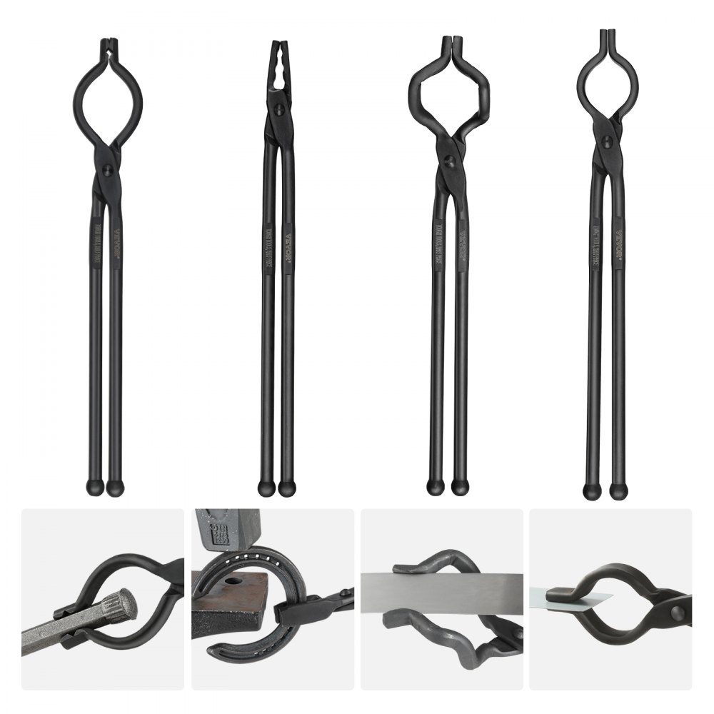 Schmiedezangen-Set, V-Bit, Wolf, ZV, Greifzange 4-teilig. Schmiedezange aus Kohlenstoffstahl, 465 x 60 x 19 mm / 461 x 68 x 18 mm / 458 x 38 x 19,0 mm / 463 x 78 x 52,3 mm, mit verlängertem Griff