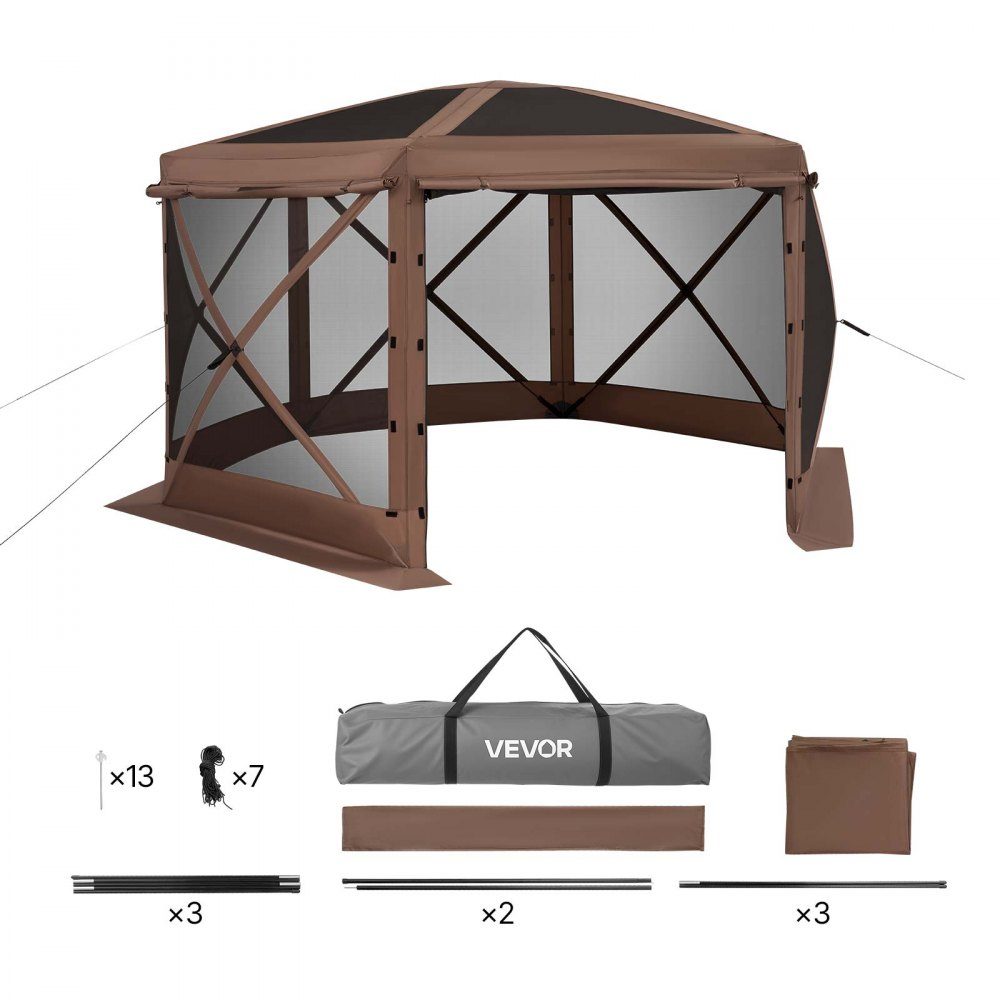 Tonnelle escamotable 3,6 m x 3,6 m, tente de camping à 6 côtés avec toit amovible et sac de transport, pare-soleil pour 8 à 10 personnes, tente de fête pour jardin, terrasse, marron