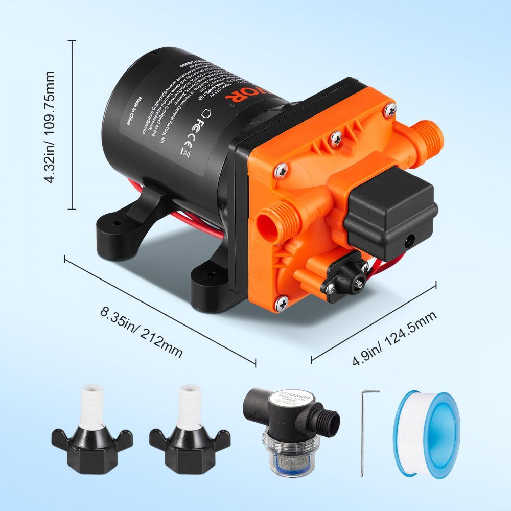 Water Diaphragm Pump, 12V DC, 13L/min Flow, 3.8bar Rated Pressure (2.76-5.5bar Adjustable), 1/2" MNPT Self-Priming Spray Pump with Pressure Switch for RV, Motorhome, Marine, Boat