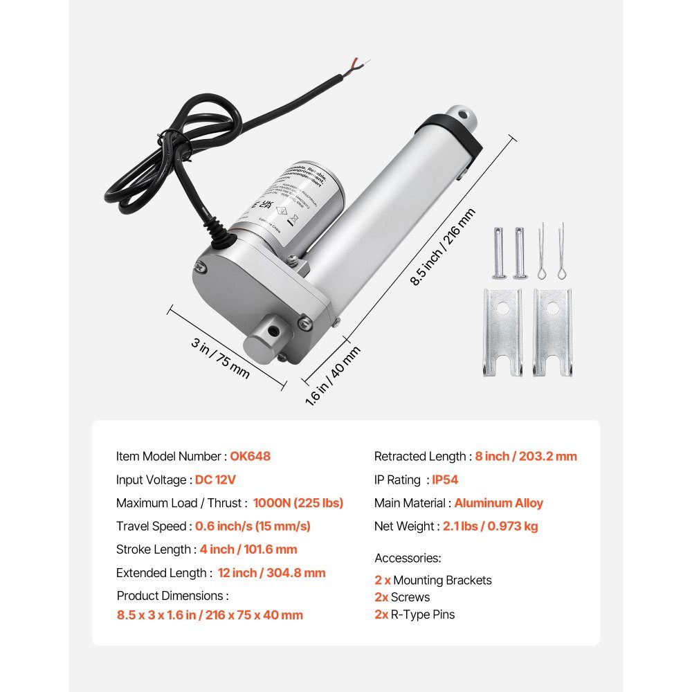 12-V-Linearaktuator, 101,6-mm-Linearmotor mit 15 mm/s, 1000-N-Linearaktuator mit IP54-Schutz und Montagehalterung, Lineartechnik-Aktuatoren für Aufzugstische, Liegestühle, Fenstertüröffner