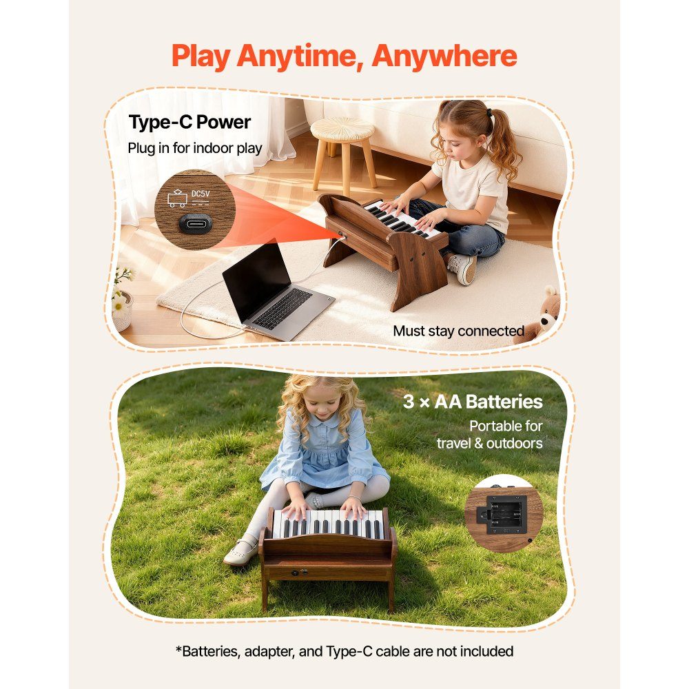 Children's keyboard, 25 keys, electric piano, wooden piano for children aged 3 and over, musical toy with realistic sound, dual power, adjustable volume, early musical education, walnut wood