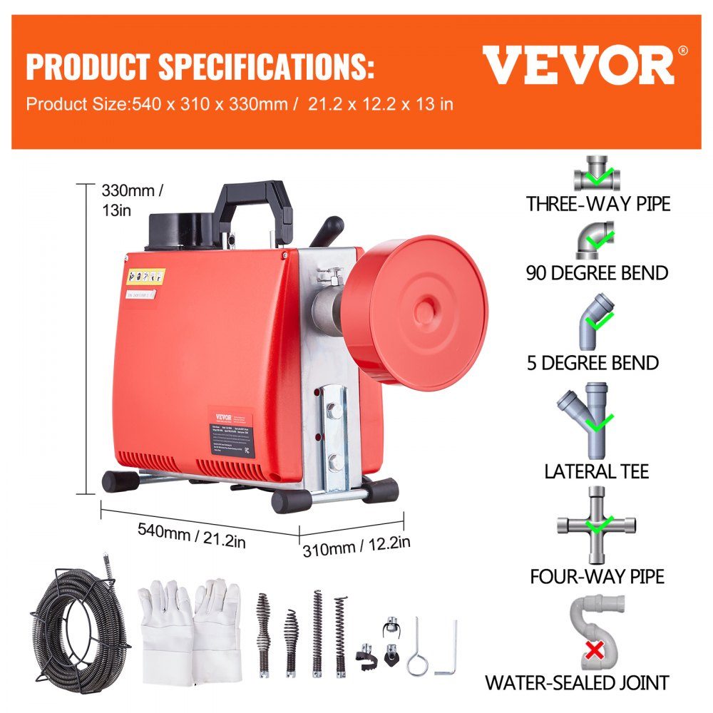 250W Rohrreinigungsmaschine Rohrreinigungsgerät, 20mx15,8mm/4,6mx9,5mm Stahlkabel für Rohre von 4-10 cm, mit 7 Schnellwechsel-Rohrschneidern für Wohnungen, Büros und öffentliche Räume