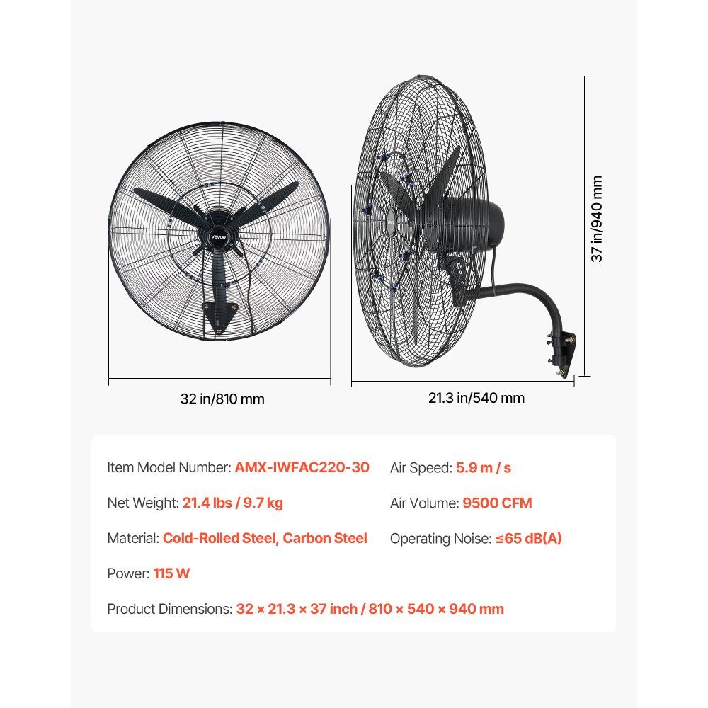 115W Industrial Wall Fan 32" 5.9m/s Oscillating Wall Fan with 3 Levels Adjustable Angle and Mist Commercial Industrial Fan for Workshop Garage Warehouse Gym Black