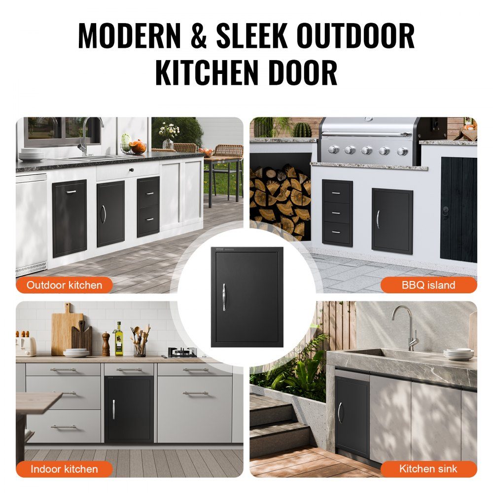 Grill Access Door 415x570mm Single Outdoor Kitchen Door Flush Mount Cold Panel Door Vertical Wall Door with Handle for Grill Island Grill Station Outdoor Cabinet Black