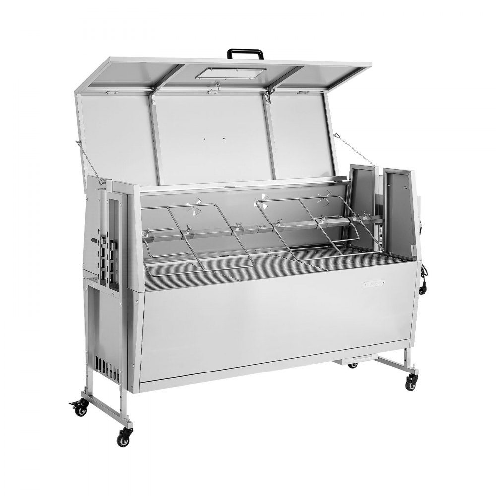 Drehspieß 38W Spanferkelgrill Lammgrill Holzkohlegrill (132cm Grilllänge) mit 60kg Belastbarkeit & Rollen & 4-fach Höhenverstellung & Deckel, Edelstahl Elektrogrill Set für Camping