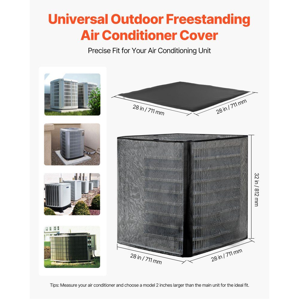 Air Conditioner Cover 711x711x812mm Air Conditioner Protective Cover Dual Layer Removable Roof Waterproof Polyester Universal HVAC Protector for Outdoor Air Conditioners Black