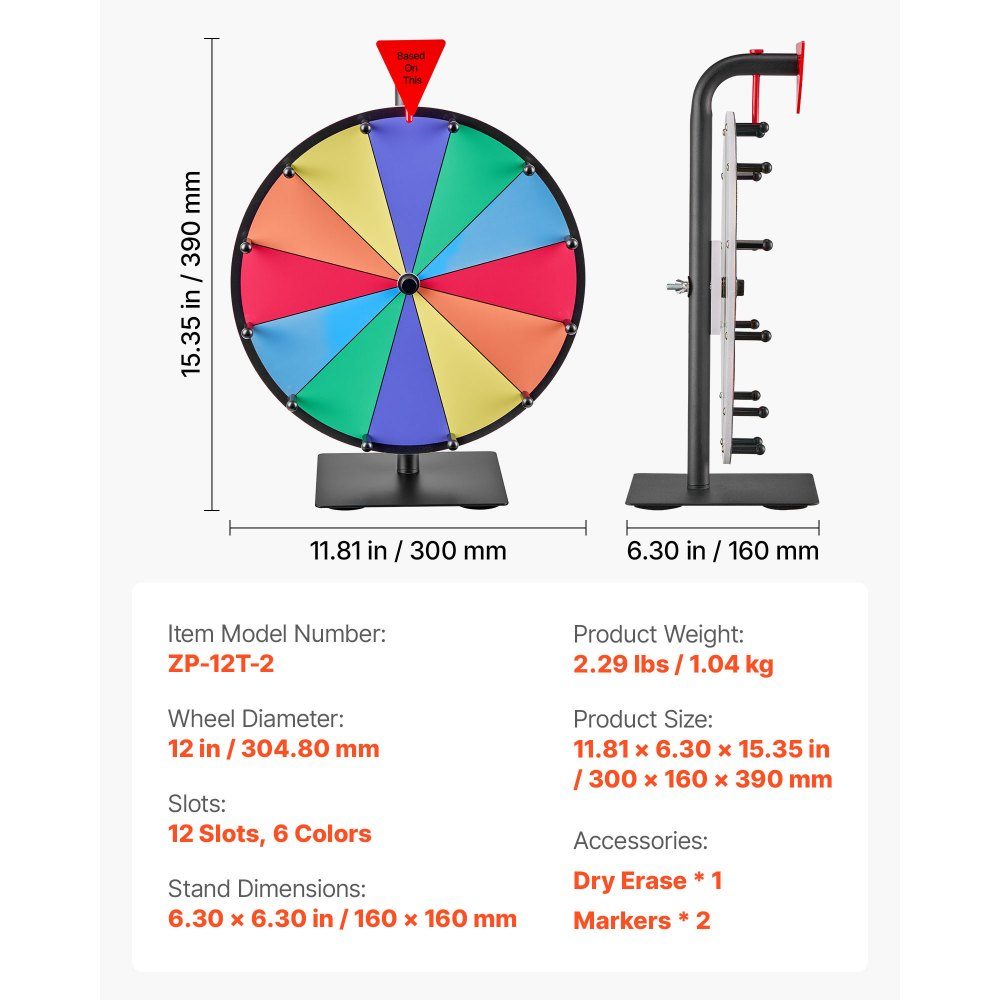 Roue de la Fortune, Roue de la Fortune (305 mm), 12 Compartiments, Roue de la Fortune avec Support, Jeux de Loterie, Gagner, Roulette, avec Tableau Éponge et 2 Marqueurs, 6 Couleurs, Roue des Prix, Idéale pour Fête, Pub, Foire Commerciale