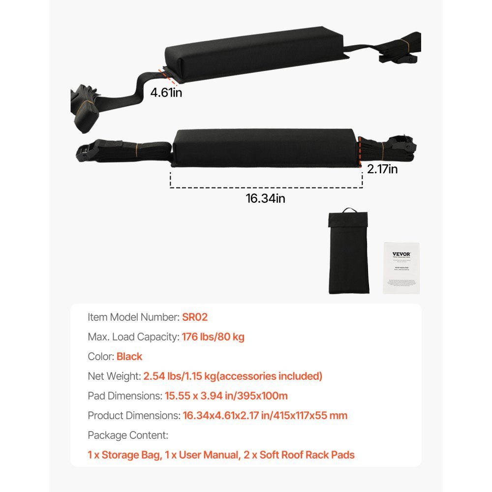Soft Roof Rack Pads (395mm), Large Universal Car Roof Rack Pads, 80kg Kayak Rack Pads with Portable Storage Bag for SUP Canoe