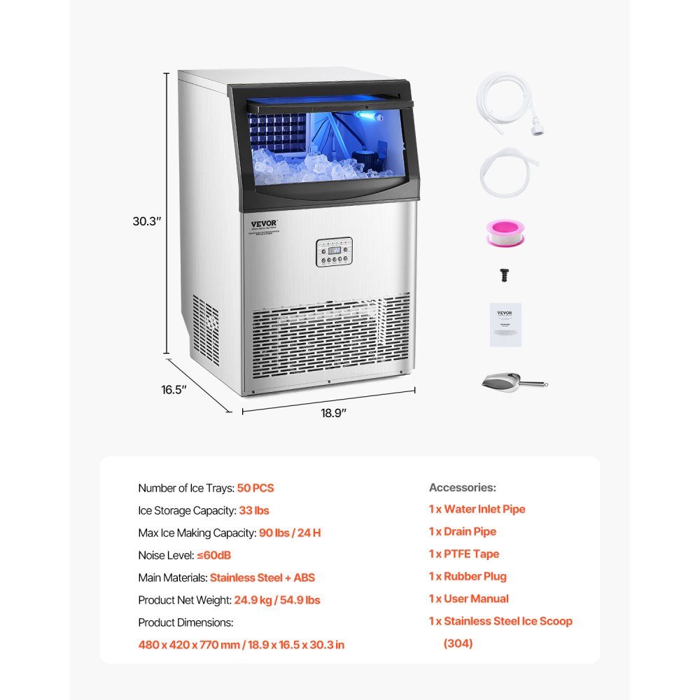 Kommerzielle Eismaschine (40,82 kg/Tag), Eismaschine mit 14,97 kg Speicherkapazität, 50 Eiswürfel in 15 Minuten, LED-Digitalanzeige, freistehend, selbstreinigend, für Bar, Büro, Restaurant