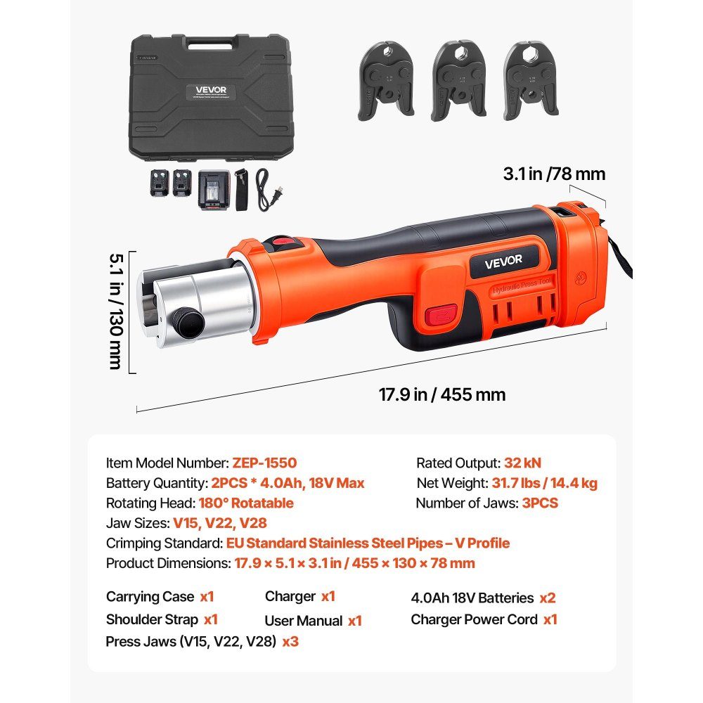 18V battery pressing tongs set, 32kN pressing machine incl. 3 pressing jaws V15 V22 V28 & 180° rotating head, electric pressing tool with 4.0 Ah batteries for stainless steel pipes up to 54mm, 40 HRC for high performance