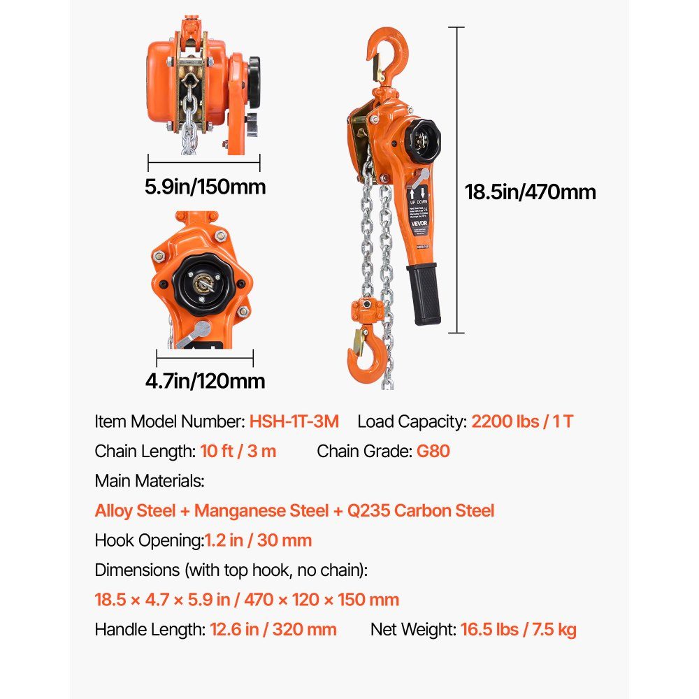 Hefboomtakel, handkettingtakel met capaciteit van 1 ton, slag van 3 m, ketting van G80 gelegeerd staal met mechanische rem met dubbele pal, rateltakel, 360 ° draaibare haken, takel voor magazijnbouw, garage