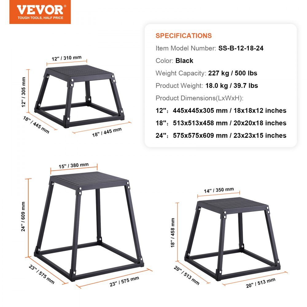 3 Piece Plyometric Jump Boxes, 305/458/609mm Plyometric Box Black, Non-Slip Fitness Exercise Step Up Box Set for Home Fitness Training, Conditioning Strength Training, Portable Jump Training