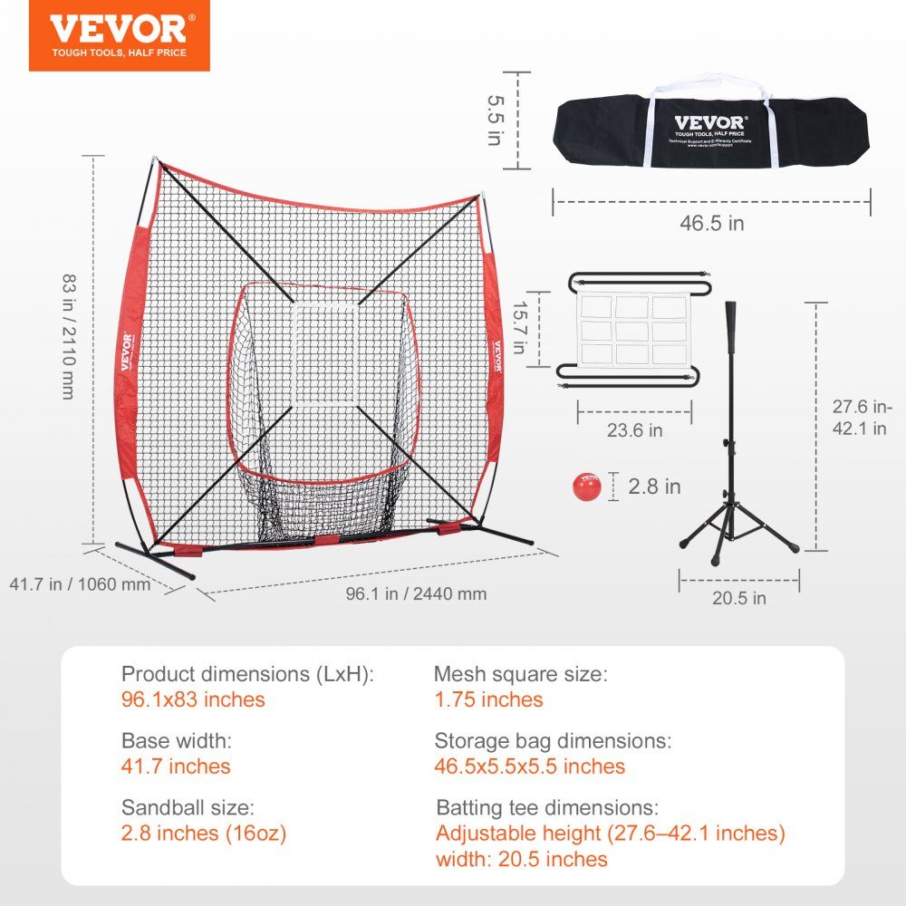 94" x 42" x 84" Baseball Softball Practice Net, Portable Baseball Training Net, Hitting, Catching, Pitching, Backstop Baseball Equipment with Arch Frame, Carry Bag, Strike Zone, Red Ball