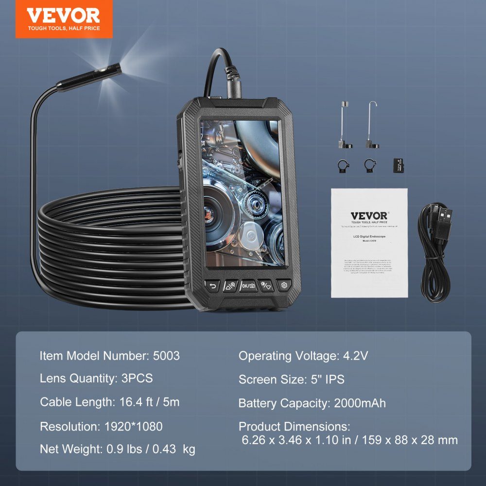 Endoskopkamera mit Licht, Industrie-Endoskop mit Dreifachobjektiv, 5-Zoll-Bildschirm, 1080P-Inspektionskamera, 8+2 Lichter, IP67 wasserdichte Schlangenkamera für Autos, Sanitär (5 m Kabel, 32 GB Karte)