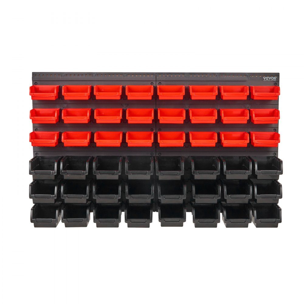 Stacking Boxes, 48 ​​Container Parts Shelf Organizer for Garage, Plastic Shop Tool with Wall Panels, Tool Organizer for Nuts, Bolts, Screws, Nails, Beads, Buttons, Black and Red