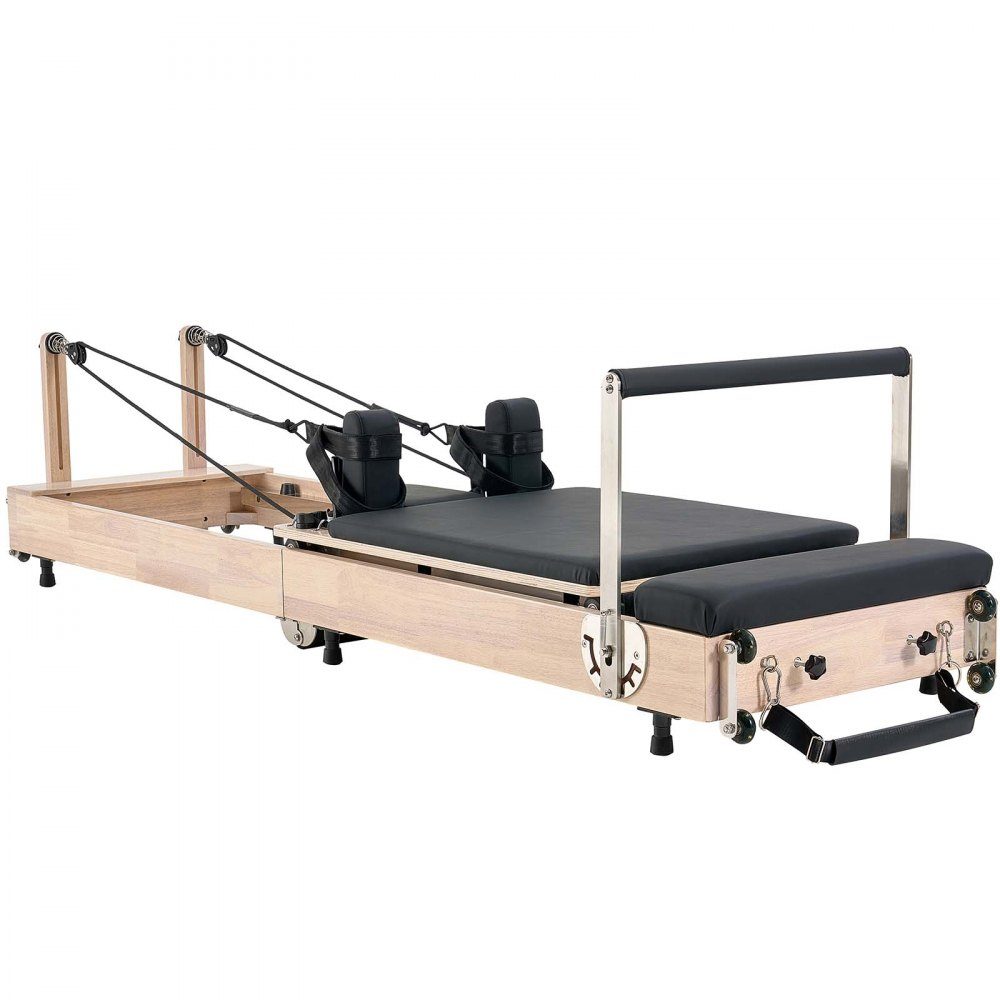Zusammenklappbares Pilates-Reformer-Trainingsgerät aus Gummibaumholz für das Fitnessstudio zu Hause, Pilatesbett mit zwei Widerständen – Feder und Kordel, Ausrüstung mit Sitzbox, bis zu 400 Pfund