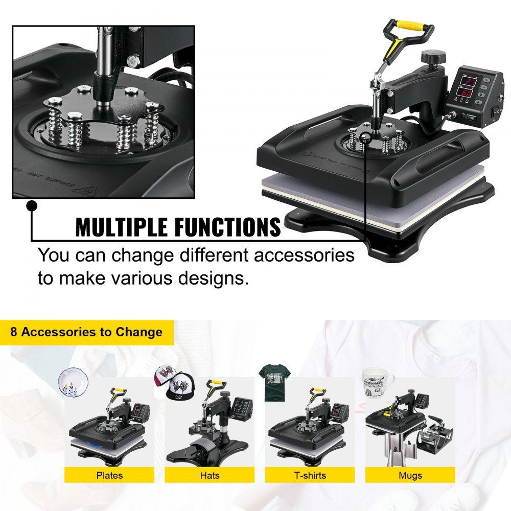 1200W Heat Press 8 in 1 T-Shirt Press 38x38cm Black Heat Press T-Shirt Heat Press for Applying Letters, Numbers and Patterns
