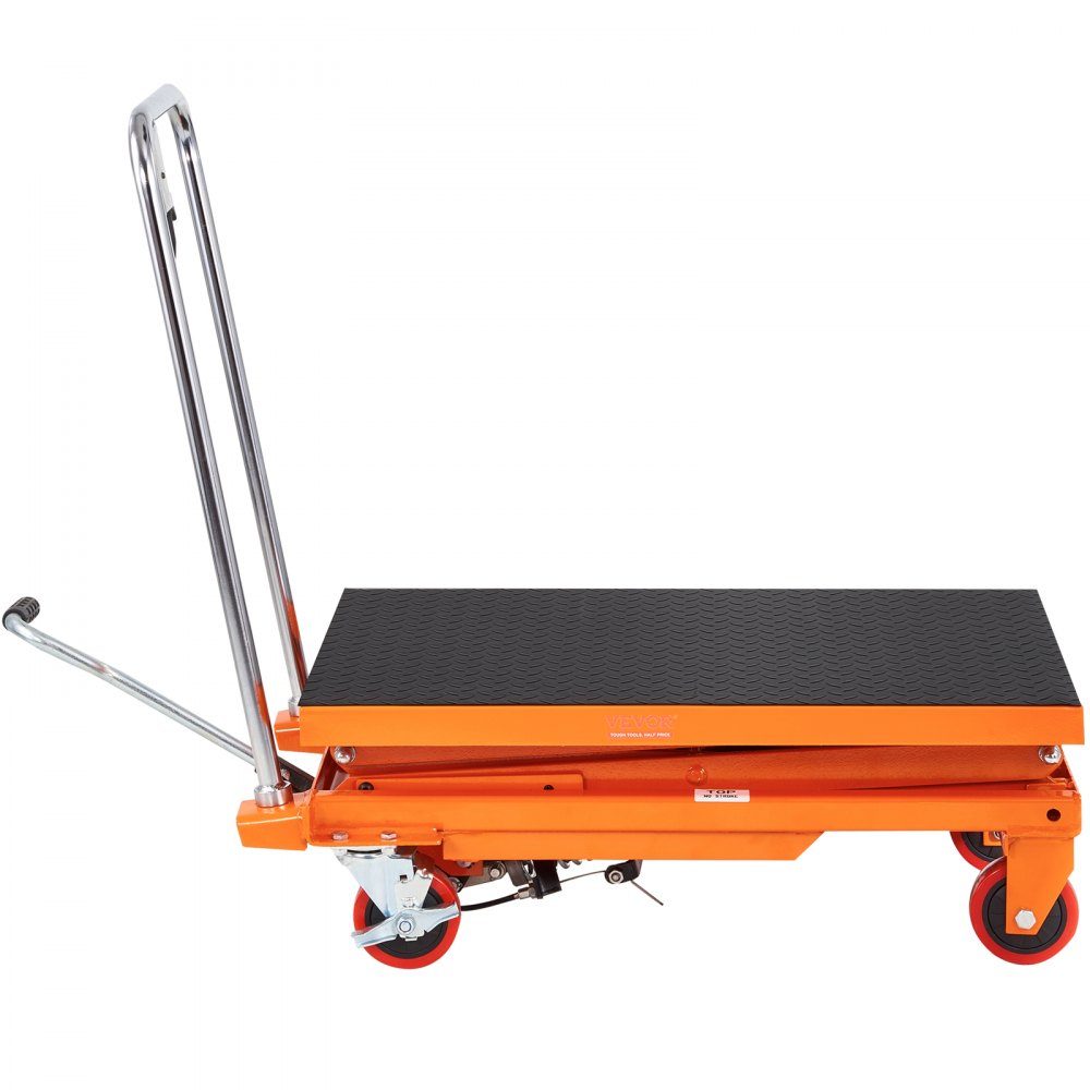 TFD15 Hydraulischer Hubwagen, Tischwagen, 330 Pfund Kapazität, 50 Zoll, mit 4 Rädern und rutschfester Unterlage für Materialhandhabung und Transport, Orange