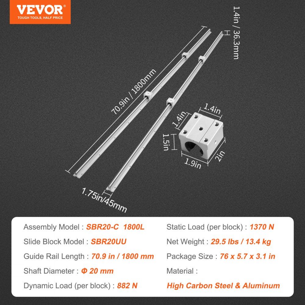 Linear Guide Linear Rail 2pcs SBR20-1800mm Carbon Steel Aluminum Guide Rail with 4pcs SBR20UU Sliding Blocks Linear Bearing Bearing Block CNC Parts for 3D Printer Milling/Lathe Machine