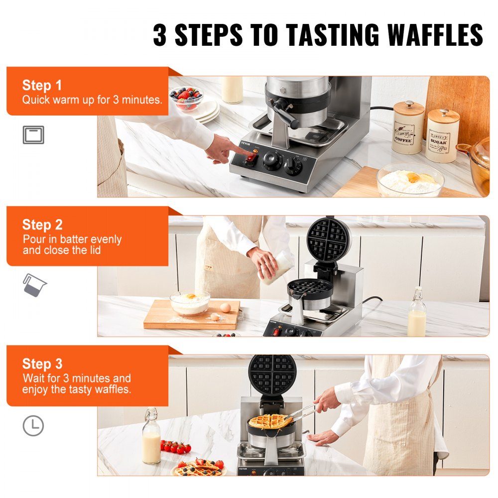 Round waffle iron waffle 1300 W, contact grill Belgian waffle iron 4 pieces. Stainless steel waffle machine including food clip, brushes and anti-scald handle, for cafes, restaurants etc