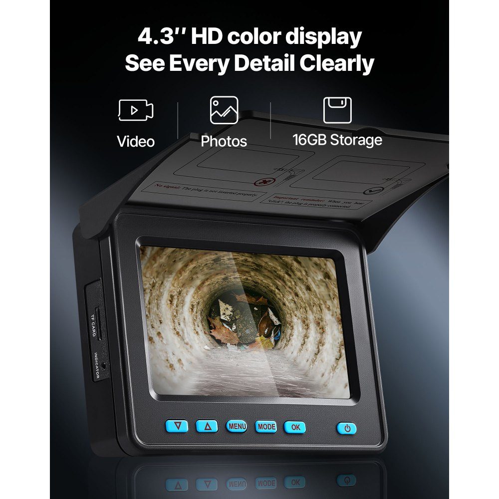 Sewer Camera, 50m Self-Leveling Pipe Camera with 4.3" HD Screen, IP68 Waterproof, with Lighting (12 LEDs and 16GB Memory Card) for Sewer Pipes and Pipes