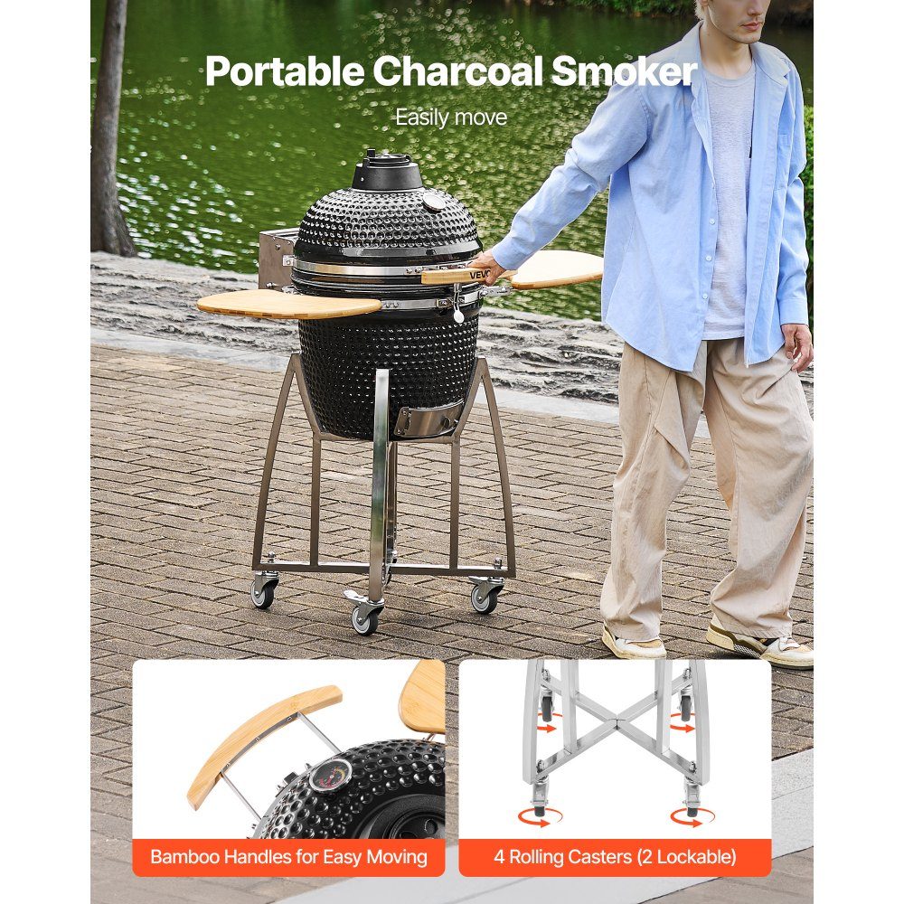Kamado-Grill, Keramikgrill, Smoker Ø 450 mm, mit Holzgriffen, Seitenablagen, Metallständer mit Rädern & Thermometer bis 400°C, oberer & unterer Luftstrom, zum BBQ, Grillen, Kochen & Backen im Freien