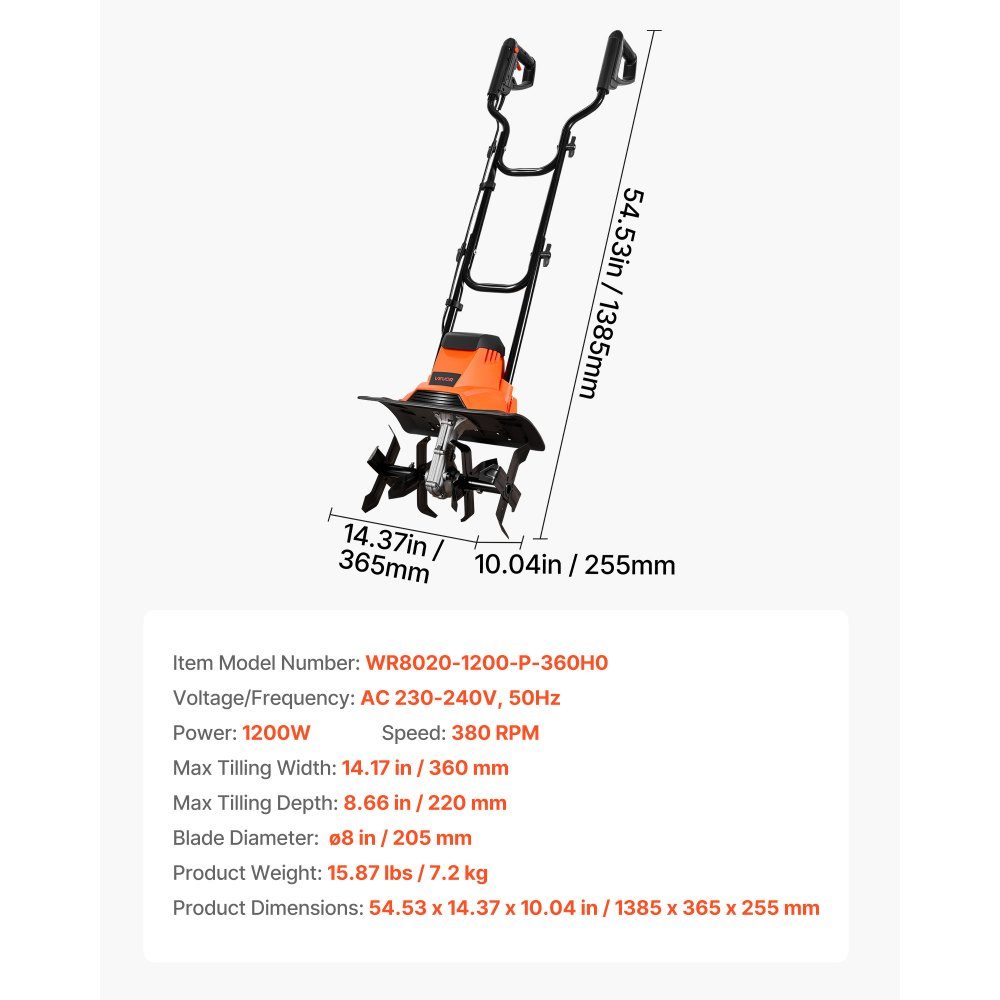 Electric motor hoe 36 cm working width, 22 cm working depth, 1200 W motor hoe, soil shredder, cultivator with steel tines & folding handle, garden tiller for lawn, yard and garden maintenance