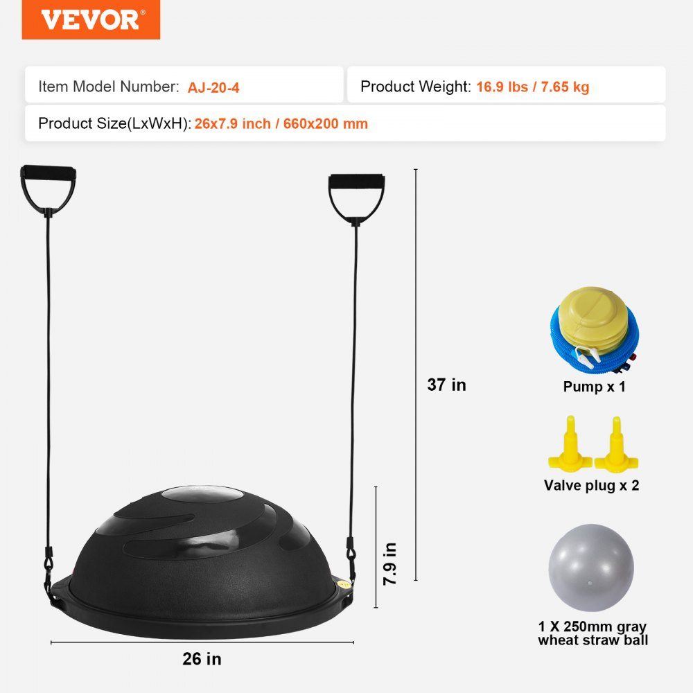 Halve oefenbaltrainer, 26" balansbaltrainer, draagvermogen van 680 kg, stabiliteitsbal, yogabal met weerstandsbanden en voetpomp, krachtfitnessbal voor thuis, sportschool, zwart