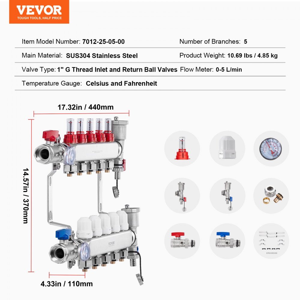5 Branch Heat Spreader, 1/2" PEX Pipe Manifold, Stainless Steel PEX Manifold for Hydronic Underfloor Heating, Heat Distribution PEX Manifold Kit with 1/2" Adapters Included
