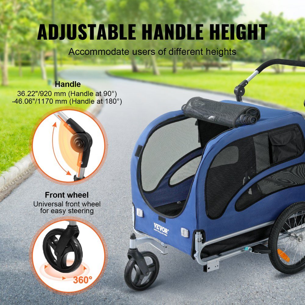 Hundeanhänger 45 kg 2-in-1 Fahrradanhänger Kohlenstoffstahl + 600D Oxford-Gewebe + PP faltbar 1440 x 725 x 845 mm als Anhänger 1320 x 725 x 920 mm als Kinderwagen Hundebuggy Jogger Anhänger Blau