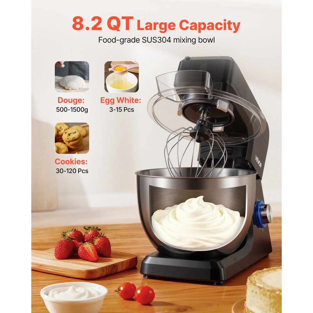 Robot culinaire électrique multifonction 1500 W avec bol en inox (7,8 l) et bol mélangeur (1,5 l), pétrin, pétrin à 6 vitesses + P, crochet pétrisseur, fouet et batteur